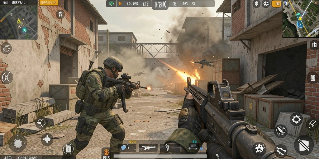 Screenshot gameplay menunjukkan aksi tembak menembak seru di arena.
