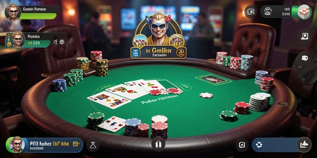 Screenshot menunjukkan gameplay seru di API33 dengan pemain bersaing di meja Poker.