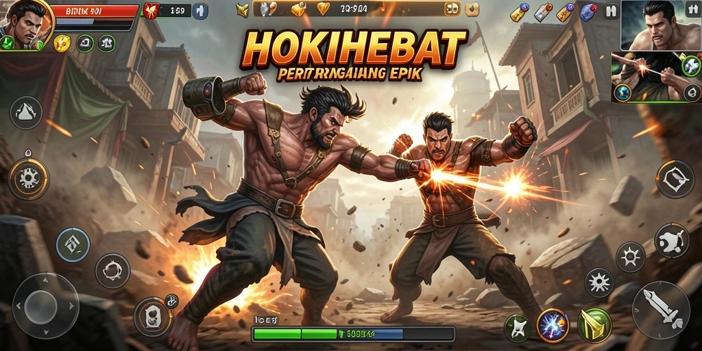 Tampilan gameplay HOKIHEBAT dengan pertarungan seru dan karakter yang unik.