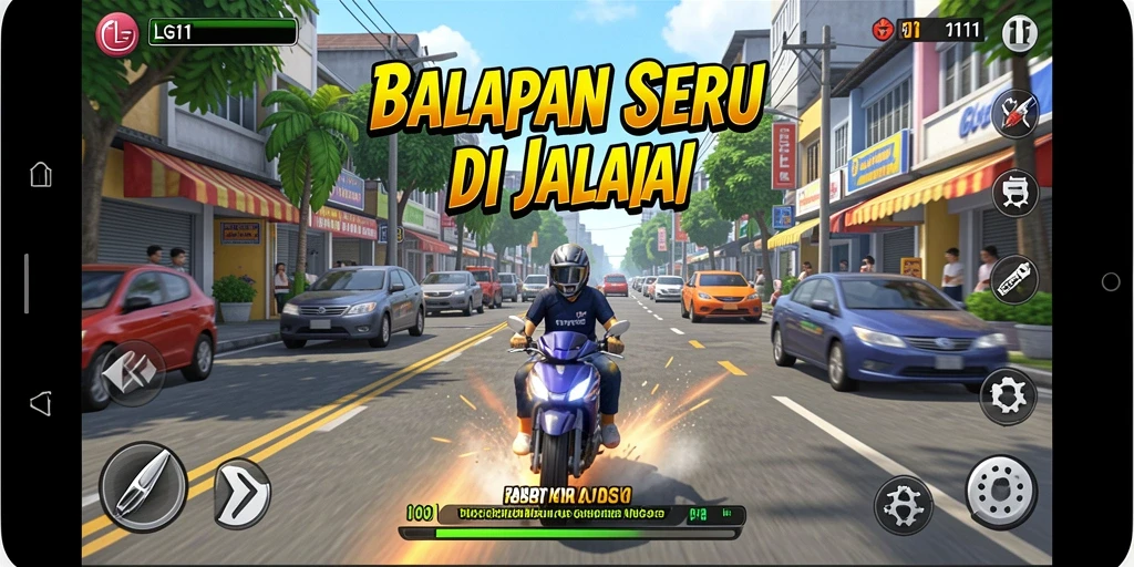 Screenshot gameplay LG111 menampilkan aksi balapan yang intens.
