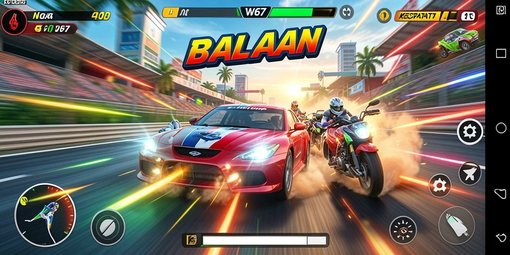 Screenshot gameplay W67 menampilkan aksi balapan yang mendebarkan.